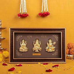 House Of Wemy Gold Plated Shubh Labh Trimurty God Photo Frame with devi Lakshmi, Ganesh & mata Saraswati for Pooja Room, Home Decor, Giftings for Marriage & Housewarming Ceremony - (10.5 x 6.5 Inches) - Pack of 1-9