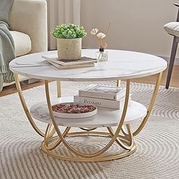 Round Gold Coffee Table,2 Tier Coffee Tables for Living Room,Circle Coffe Table with Storage Modern Center Tea Table Wooden Faux Marble Top Metal Legs Accent Table (Gold White)-2