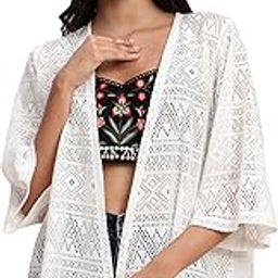 Women Off White Regular Front Open Shrug with Fringes-31