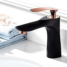 AQUAKART Black Rose Gold Faucet Tap Mixer Hot and Cold Water Heavy Single Lever Basin Mixer 7 inches with Connector Pipes and Ceramic Cartridge for Bathroom Wash Basins-74