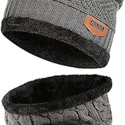 Knitted Winter Cap & Neck Scarf with fleece,Unisex Beanie Cap with Neck Warmer for Women,Thermal Cap, Fluffy Woolen Cap (2 Piece) (Free Size, Grey)-image-17