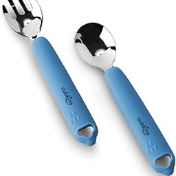 Cubkins Steel Spoon & Fork Set for Babies with Soft Silicone Handle | Non Toxic, Food Safe and BPA Free | Washable and Reusable (Blue Olive)-31