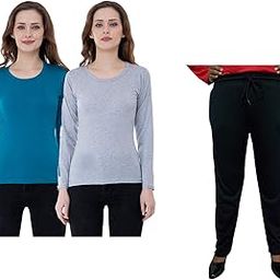 IndiWeaves Women Winter Wear Solid Cotton Full Sleeves T-Shirt and Fleece Warm Lower/Track Pants (Blue, Gray, Black, 36-M) Pack of 3-image-77