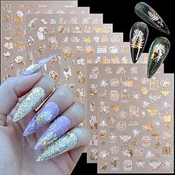 9 Sheets Flowers Nail Art Stickers, 3D Flowers Nail Self-Adhesive Sticker, Holographic Laser White Gold Nail Art Decals Design Floral Rose Leaf Nail Decal Supplies for Women Girls Manicure Decoration-image-40
