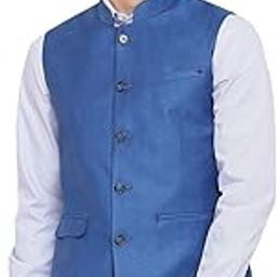 Men's Solid Blue Mandarin Collar Waist Coat-image-96