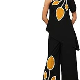 Solid Cotton Asymmetric Tunic With Pants Women's Co-Ord Set|Puff Sleeves One Shoulder Long Length Regular Fit Summer Western Casual Wear Ladies Cord Set-11