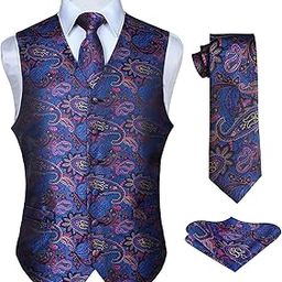 Men's Paisley Floral Jacquard Waistcoat & Neck Tie and Pocket Square Vest Suit Set-picture-52