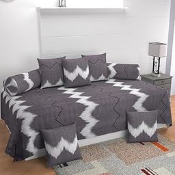 MANIQATEX Diwan Set with 5 Cushions and 2 Bolsters, Chevron Pattern, Grey and White-image-2