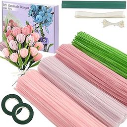 Pipe Cleaners for Crafts, 4 Different Colors Chenille Stems for DIY Flower Making, Set with Flower Wires, Garden Ribbon, Stamen and Ribbon, 400 Pieces (Pink)-image-25