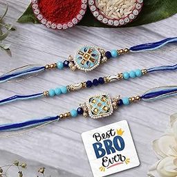 eCraftIndia Set of 3 Blue Designer Rakhis, Best Bro Ever Fridge Magnet with Roli Chawal Pack - Rakhis for Brother, Bhabhi, Kids-17