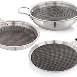 NIRLON Prima Honeycomb Stick Free Triply Stainless Steel Cookware Combo Set of 3Pc |Flat Tawa29cm/Fry Pan 24cm/Deep Kadai 20cm-1.6Ltr|Induction and Gas Stove Friendly-image-15