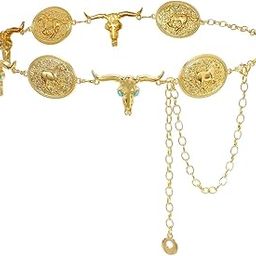 Decorative Waist Belt for Women Bull Head Charm Embossed Concho Waist Chain Metal Hip Belly Chains Vintage Cowgirls Style Belly Chain for Jeans, Dresses, Adjustable Size-image-37