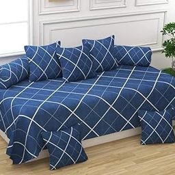 Castiqa Microfiber Ultrasoft Cotton Fabric 8 Pieces Diwan Set Covers of 1 Bedsheet 2 Bolster Covers and 5 Cushion Covers (Blue Kross)-image-73