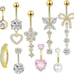 14G Belly Button Ring Dangle Belly Rings Surgical Stainless Steel Cute Bow Butterfly Heart Flower Dangling Belly Button Piercing Jewelry for Women Silver Dainty Dangly Belly Button Ring-image-20
