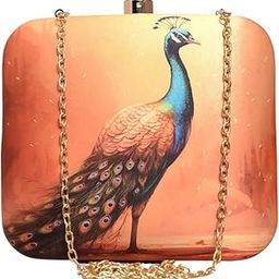 Multicolor Peacock Printed Women’s Box Clutch with Detachable Chain Strap - Sling Bag for Celebrations, Indian Festive, Bridal, Evening, Formal Looks - Gift for Wife-23