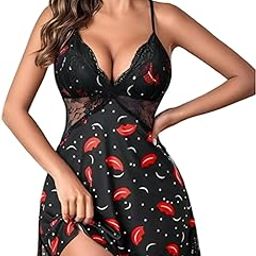 Lace Trim Babydoll Nightwear, Red Lips Print Pattern, Black Satin with Mesh Detail, Spaghetti Strap-image-2