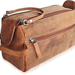 Full Grain Leather Toiletry Bag for Men & Women - Portable Travel Waterproof Dopp Kit (Brown)-image-4