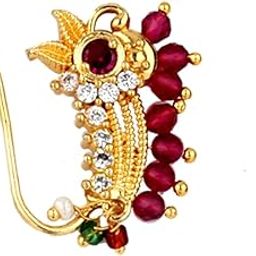 Art Jewellery Pink Colour Floral Design Traditional Maharashtrian Nath Gold Plated Without Piercing Press or Clip on Type Nose Ring Pin for Women.-image-52