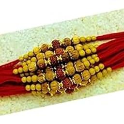 Handcrafted Rudraksha Beaded Chandan Rakhi with Red Thread, Traditional Golden and Brown Beads, Pack of 6-image-20