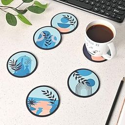 GKD Wooden Coasters Set of 6 with Stand | Round Drink Coasters for Tea, Coffee, Water | Designer Table Coasters for Home & Office | Modern Art Design | Blue Harmony | 3.5 Inch-69
