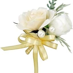 UJEAVETTE 2xSilk Flower Wedding Bride Corsage Groom Boutonniere Buttonhole Pin Champagne-image-39