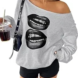 sxv style Women's Autumn Lip Print Asymmetric Collar Loose Y2K Style Sweatshirt-picture-14