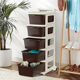 Kuber Industries 5 Layer Plastic Modular Storage Drawer Organizer with Wheels | Chest of Drawer Storage Box for Living Room, Office, School and Home | Toys Organiser for Kids Room | Ivory & Brown-image-47