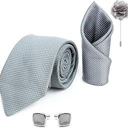Mens Plaid Dotted Silk Necktie Gift Set With Pocket Square Cufflinks & Brooch Pin Formal Tie With Leatherite Box (A10RX Free Size) | (Leather Gift Box) (Pack of 4)-55