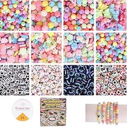 Ambitieux Bracelet Making Craft Kit 12 Types of Colorful 400+ pcs of Plastic Beads with Elastic, Jute Bag and Thread Cutter - (Light Open Multicolor 3)-image-43
