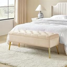 KITRUHA WOOD SEAS Velvet Storage Ottoman Bench with Tufted Top, Gold Metal Legs, Nailhead Trim, for Living Room Bedroom (Beige)-image-97
