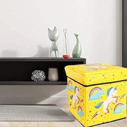 STORIA Storage Ottoman Cube, Linen Small Coffee Table, Foot Rest Stool Seat, Folding Toys Chest Collapsible for Kids Multi-Functional Storage Stool (Unicorn Yellow Design, 30 * 30 * 30 cm)-2