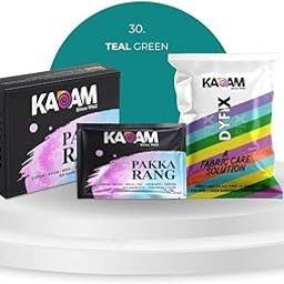 Kadam Pakka Rang Fabric Dye for Clothes Permanent, Cloth Dye Powder, Fabric Dye Clothes, Dye for Faded Jeans, 10 sachets of Shade 30 Teal Green Colour with 5 sachets of DyFix Colour Fixer-26