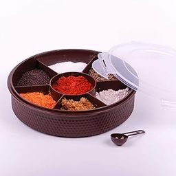 Clazkit Plastic Round 7 Sections Multipurpose Masala Rangoli Dabba Box Set, Spice Box Set - Brown (Masala Box - 7 in 1)-0