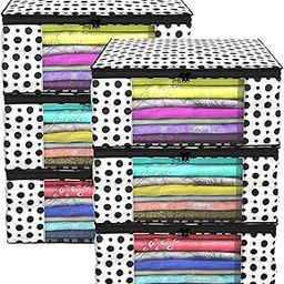 Set of 6 Non-Woven Printed Saree Storage Bag/Cloth Storage/Wardrobe Organizer For Clothes With Transparent Window (Black And White) Saree Storage Bags|Clothing Protector|Non-Woven Polka Dot Saree Bags-18