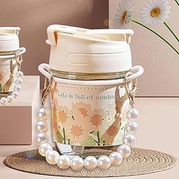 TRENDYQUORA White Pearl Glass Coffee Mug with Pearl Chain Belt & Sleeve 350ml Reusable Tumbler with Dual Straw Lid Travel Sipper Cup for Coffee, Juice, Milk, Tea Cute Aesthetic Design Pack of 1-image-6