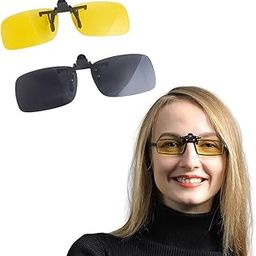 Clip On Sunglasses Unisex-Adult Clip-On Flip Up Metal Clip Rimless Oval Polarized Sunglasses, Anti Glare Glasses For Driving Fishing Riding (Black+Yellow) (Large)-8
