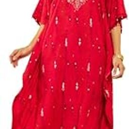 Womens Red Muslin Floral Embroidered Sequin Embellished V-Neck Kaftan-6