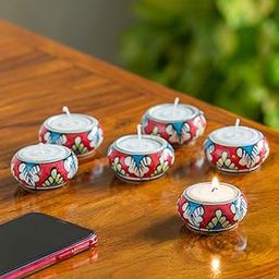 ExclusiveLane Shimmering Mughals Floral Hand-Painted Ceramic Tea Light Holders (Set of 6) - Tealight Candle Holder for Home Décor Votive Tealight Holder T Lite Candle Stand for Home Decoration-image-41