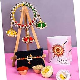 Happy RAKSHA BANDHAN THEME DESIGNER RAKHI COUPLE COMBO for BHAIYA BHABHI, DI JIJU, COUSINS with roli chawal for tilak and Rakhi Special quote Wishes Card | pack of 4 items-image-2