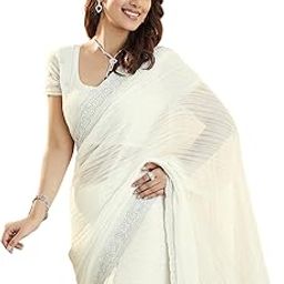 Women's Shimmer Chiffon Embroidery Stone Work Saree With Unstitched Blouse Piece-image-4