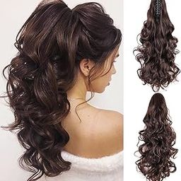 BLUSHIA Ponytail Extension, 22 Inch Drawstring Ponytail Extension for Women Long Brown Wavy Layered Pony Tails Hair Extensions Synthetic Clip-picture-55