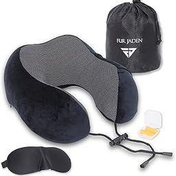 FUR JADEN Memory Foam Luxury Travel Neck Support Rest Pillow Eye Mask, Noise Isolating Ear Plugs Portable Combo (Black)-18