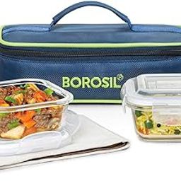 Borosil Klip n Store Lunchbox with Bag | Set of 2 (320ml Each), Square | Borosilicate Glass, Horizontal | Microwave & Dishwasher Safe, Leakproof | Tiffin for Office/School/College | Blue, Transparent-image-16