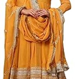 Vibrant Yellow Georgette Anarkali Kurta Pant Set with Gota Lace and Dupatta, Traditional Suit Set For women-image-36