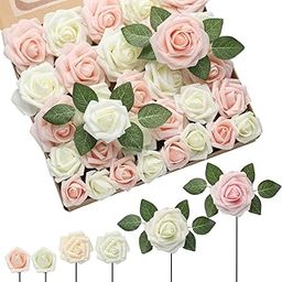 DerBlue 60pcs Three Different Sizes Artificial Roses Flowers Foam Roses Bulk w/Stem for DIY Bouquets Corsages Centerpieces Arrangements Baby Shower Cake Flower Decorations (Cream&Blush)-image-74