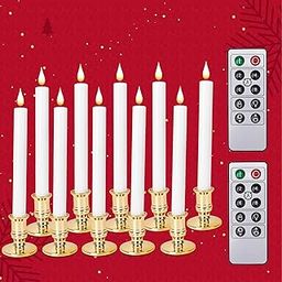 Flameless Taper Candles with Remote Timer-LED Battery Operated Flickering Window Candle Lights with Removable Gold Candle Holders Best Gift for Xmas Wedding Home Dinner Decor Set of 10-image-52