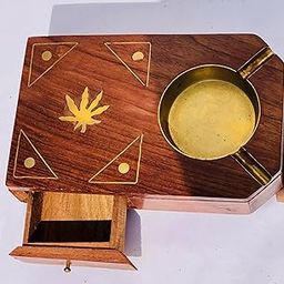 Wooden Ashtray with Storage Drawer, Brass Inlay Design, Handcrafted Sheesham Wood for home office or car vechicle-image-93
