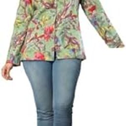 Floral Print Cotton Quilted Jacket, Long Sleeve, Navy Blue and Green Pattern-image-69