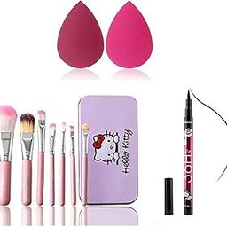 Zaduhik Soft Bristle 7 Pink Makeup Brushes Set with Storage Box for Makeup with 1 36H Eyeliner and 2 Multicolor Beauty Blenders - (Pack of 10)-image-69