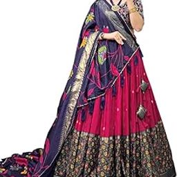 Women's Tusser Silk Lehenga Choli Set | Stitched Floral Print Lehenga with Foil Work, Unstitched Blouse & Dupatta | Gotta Patti Border & Tassels | Festive & Wedding-image-25